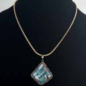 Navajo TS Sterling Silver Dichroic Glass Multicolor Pendant & Necklace Italy 925